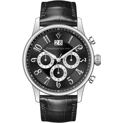 Christian Van Sant Men's Watch - Heritage Chrono Black Dial Leather Strap | CV3940 ,