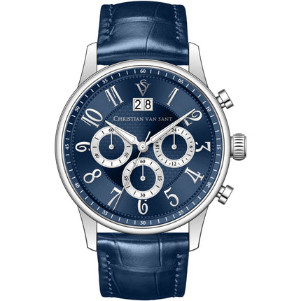 Christian Van Sant Men's Watch - Heritage Quartz Blue Dial Leather Strap | CV3941 ,
