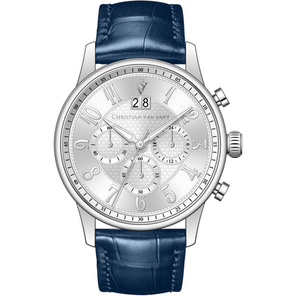 Christian Van Sant Men's Watch - Heritage Silver Dial Blue Leather Strap | CV3942 ,