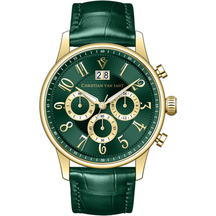 Christian Van Sant Men's Watch - Heritage Chrono Green Dial Leather Strap | CV3943 ,