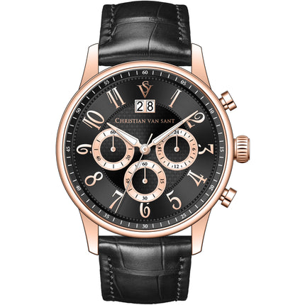 Christian Van Sant Men's Watch - Heritage Chrono Black Dial Leather Strap | CV3944 ,