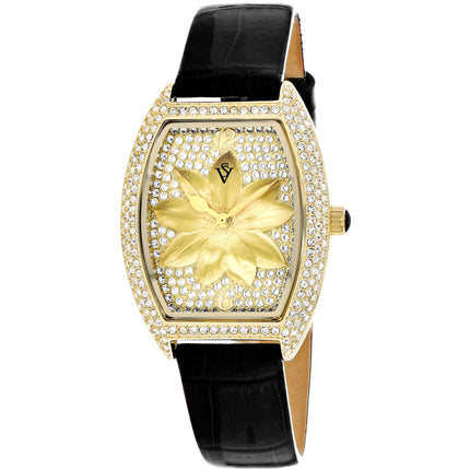 Christian Van Sant Women's Watch - Lotus Quartz Gold Tone Dial Black Strap | CV4855 ,