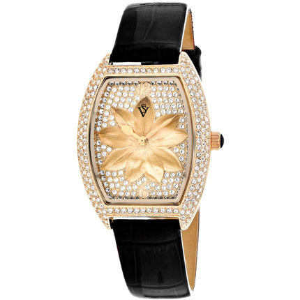 Christian Van Sant Women's Watch - Lotus Quartz Rose Gold Dial Black Strap | CV4856 ,