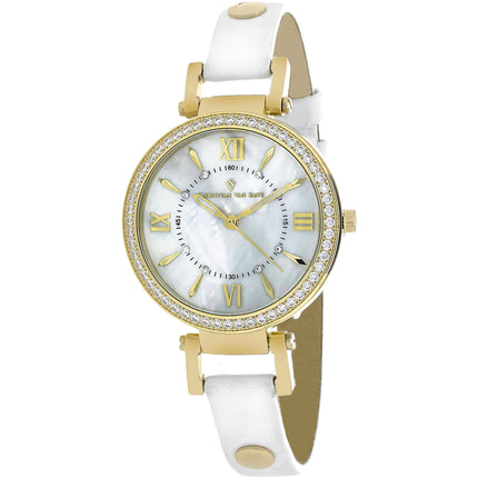 Christian Van Sant Women's Watch - Petite White Mop Dial Leather Strap | CV8132 ,