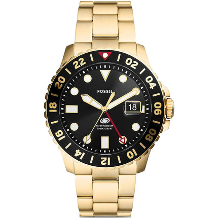 Fossil Men's Watch - Blue GMT Quartz Black Dial Yellow Gold Steel Bracelet | FS5990 ,
