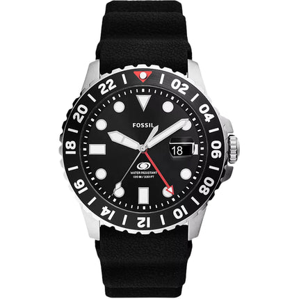 Fossil Men's Watch - GMT Quartz Silver Steel Case Black Dial Rubber Strap | FS6036 ,