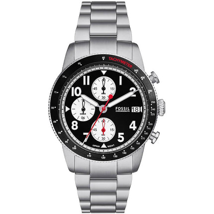 Fossil Men's Watch - Sport Tourer Quartz Black Dial Silver Steel Bracelet | FS6045 ,