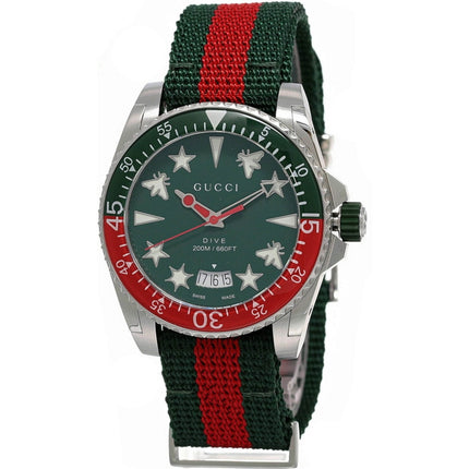 Gucci Men's Watch - Dive Quartz Silver Tone Case Green and Red Nylon Strap | YA136339 ,