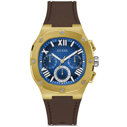 Guess Men's Watch - Quartz SS Case Blue Dial Brown Silicone Rubber Strap | GW0571G5 ,