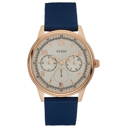 Guess Men's Watch - Aviator Quartz Day-Date White Dial Blue Fabric Strap | W0863G4 ,