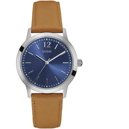 Guess Men's Watch - Exchange Quartz SS Case Blue Dial Brown Leather Strap | W0922G8 ,