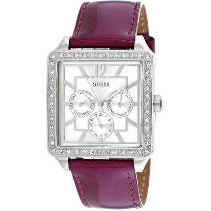 Guess Women's Watch - Classic Quartz Silver Tone Dial Red Leather Strap | W14046L1 ,