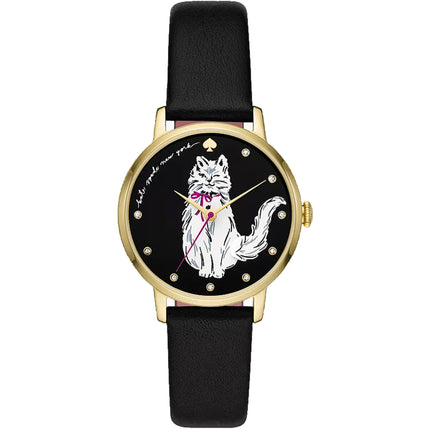 Kate Spade Women's Watch - Metro Yellow Gold Case Black Dial Leather Strap | KSW1844 ,