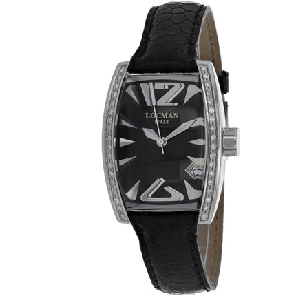 Locman Women's Watch - Panorama Diamond Bezel Black Dial Leather Strap | 151BKD ,