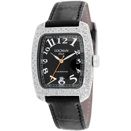 Locman Women's Watch - Classic Diamond Bezel Black Dial Leather Strap | 488BK2DC/BK LEAL ,