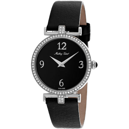 Mathey Tissot Women's Watch - Gaia Silver Case Black Dial Leather Strap | D587QAN ,