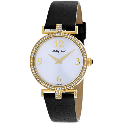 Mathey Tissot Women's Watch - Gaia Yellow Gold Case Silver Dial Black Strap | D587QPYI ,