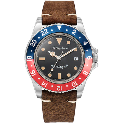Mathey Tissot Men's Watch - Vintage Quartz Black Dial Brown Leather Strap | H900ALR ,