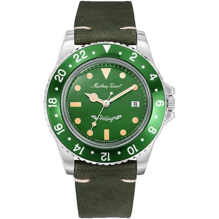 Mathey Tissot Men's Watch - Vintage Rotating Bezel Green Dial Leather Strap | H900ALV ,