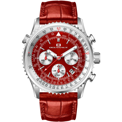 Oceanaut Men's Watch - Flight Quartz Silver Tone Case Red Leather Strap | OC0129 ,