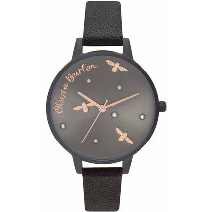 Olivia Burton Women's Watch - Pearly Queen Black Dial Leather Strap | OB16PQ02 ,