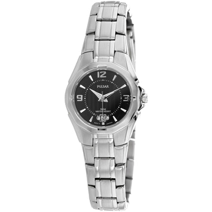 Pulsar Women's Watch - Classic Silver Tone Case Black Dial Leather Strap | PXT795 ,