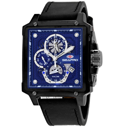 Seapro Men's Watch - Dual Timer Quartz Blue Dial Black Leather Strap | SP0115 ,