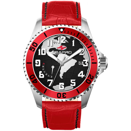 Seapro Men's Watch - Voyager Silver Tone Case Black Dial Red Leather Strap | SP2741 ,