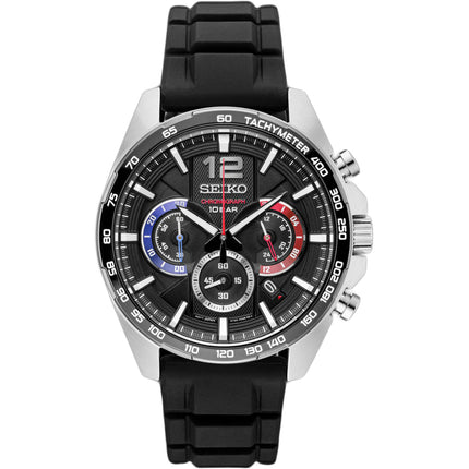 Seiko Men's Watch - Chronograph Silver Tone Case Black Dial Rubber Strap | SSB347 ,