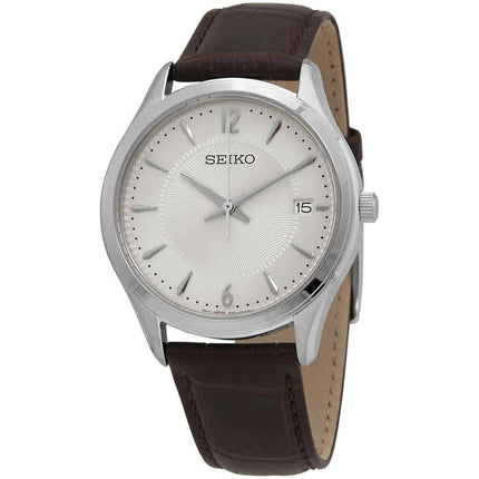 Seiko Men's Watch - Essentials Quartz White Dial Brown Leather Strap | SUR421 ,