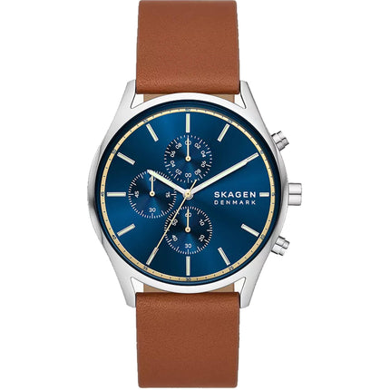 Skagen Men's Watch - Holst Quartz Silver Tone Case Blue Dial Leather Strap | SKW6916 ,