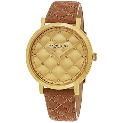 Stuhrling Women's Watch - Audrey Quartz Gold Tone Dial Brown Leather Strap | 462.02 ,