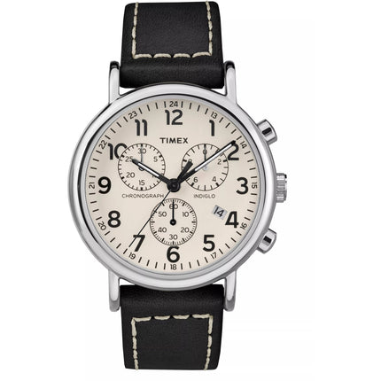 Timex Men's Watch - Weekender Chronograph Cream Dial Black Leather Strap | TW2R42800 ,