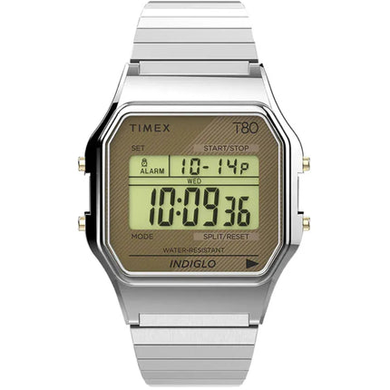 Timex Unisex Digital Watch - T80 Alarm Grey Dial Silver Steel Bracelet | TW2V19100 ,