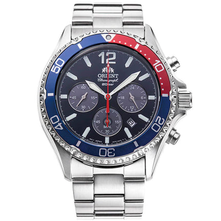Orient Men's Watch - Mako Chronograph Blue Dial Silver Steel Bracelet | RA-TX0201L ,
