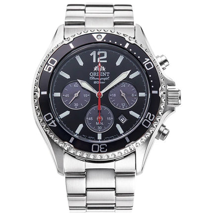 Orient Men's Watch - Mako Chronograph Black Dial Silver Steel Bracelet | RA-TX0202B ,