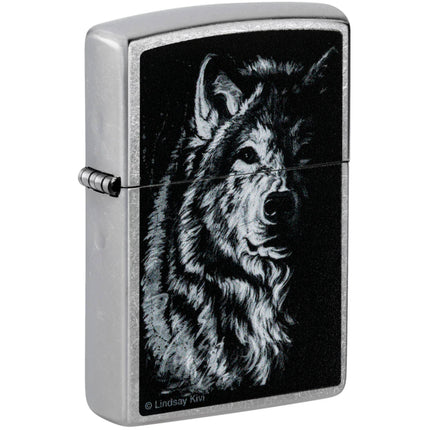 Zippo Windproof Lighter - Lindsay Kivi Shadow Wolf Design Street Chrome Finish | 46149 ,