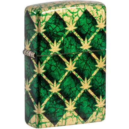 Zippo Windproof Lighter - Argyle pattern Cannabis Leaf Design Tumbled Brass | 46265 ,