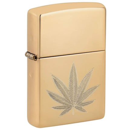 Zippo Windproof Pocket Lighter - Cannabis Leaf Design High Polish Brass Finish | 46560 ,