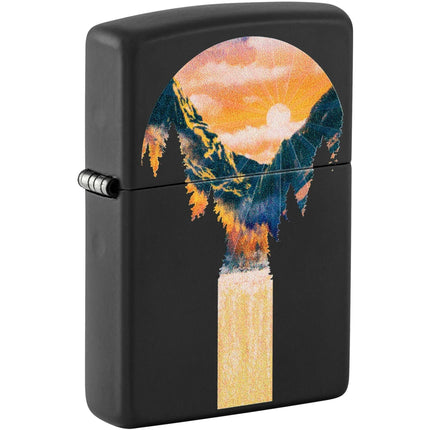 Zippo Windproof Pocket Lighter - Mountain Waterfall Design Black Matte Finish | 48676 ,