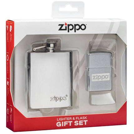 Zippo Gift Set - Brushed Chrome Finish Slim Lid Flask and Pocket Lighter | 49358 ,