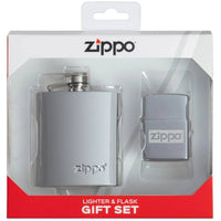 Zippo Gift Set - Brushed Chrome Finish Slim Lid Flask and Pocket Lighter | 49358 ,