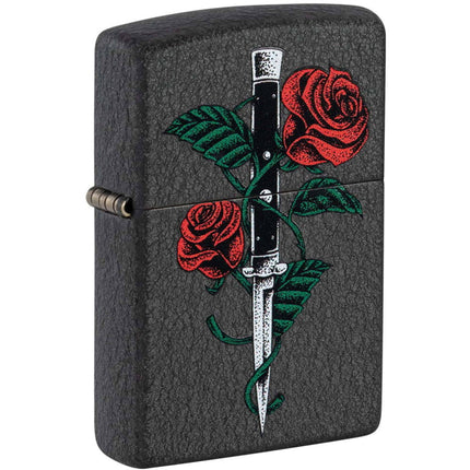 Zippo Windproof Lighter - Rose Dagger Tattoo Design Black Crackle Finish | 49778 ,