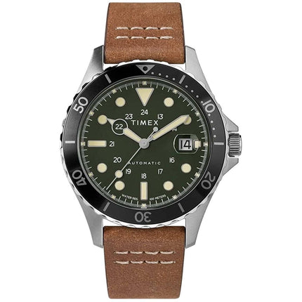 Timex Men's Watch - Navi XL Automatic Green Dial Brown Leather Strap | TW2U09800ZV ,