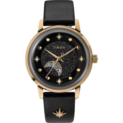 Timex Women's Watch - Automatic Semi-Skeleton Black Dial Leather Strap | TW2U54600VQ ,