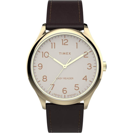 Timex Men's Watch - Easy Reader Beige Indiglo Dial Brown Leather Strap | TW2V28100VQ ,