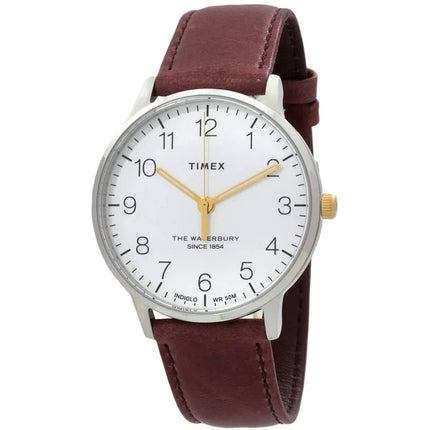 Timex Men's Watch - Waterbury White Indiglo Dial Brown Leather Strap | TW2V28800VQ ,