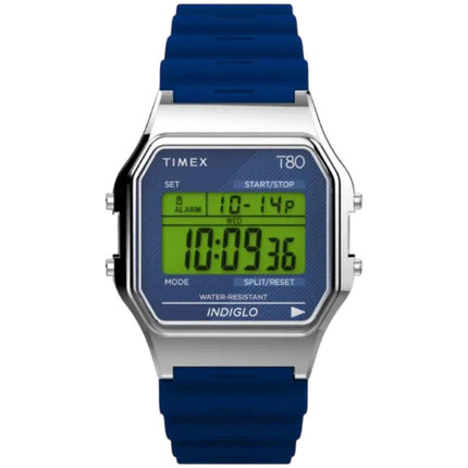 Timex Unisex Watch - T80 Alarm Green Digital Dial Blue Resin Strap | TW2V41200YB ,