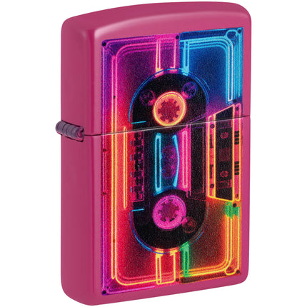 Zippo Windproof Pocket Lighter - Neon Cassette Design Hot-Pink Finish Metal | 46693 ,