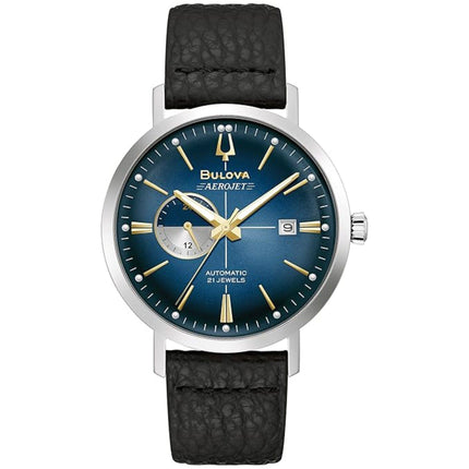Bulova Men's Watch - Aerojet Automatic Blue Dial Black Leather Strap Date | 96B374 ,